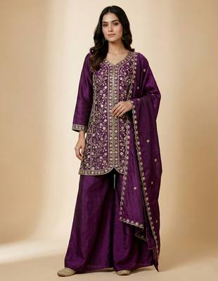 Purple designer chinon sequins embroidered work readymade suit 1