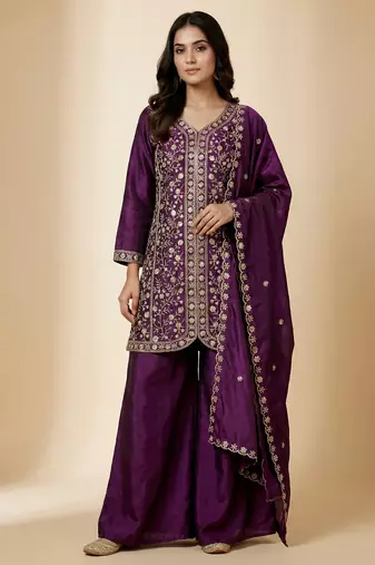 Purple designer chinon sequins embroidered work readymade suit