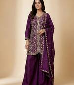 Purple designer chinon sequins embroidered work readymade suit