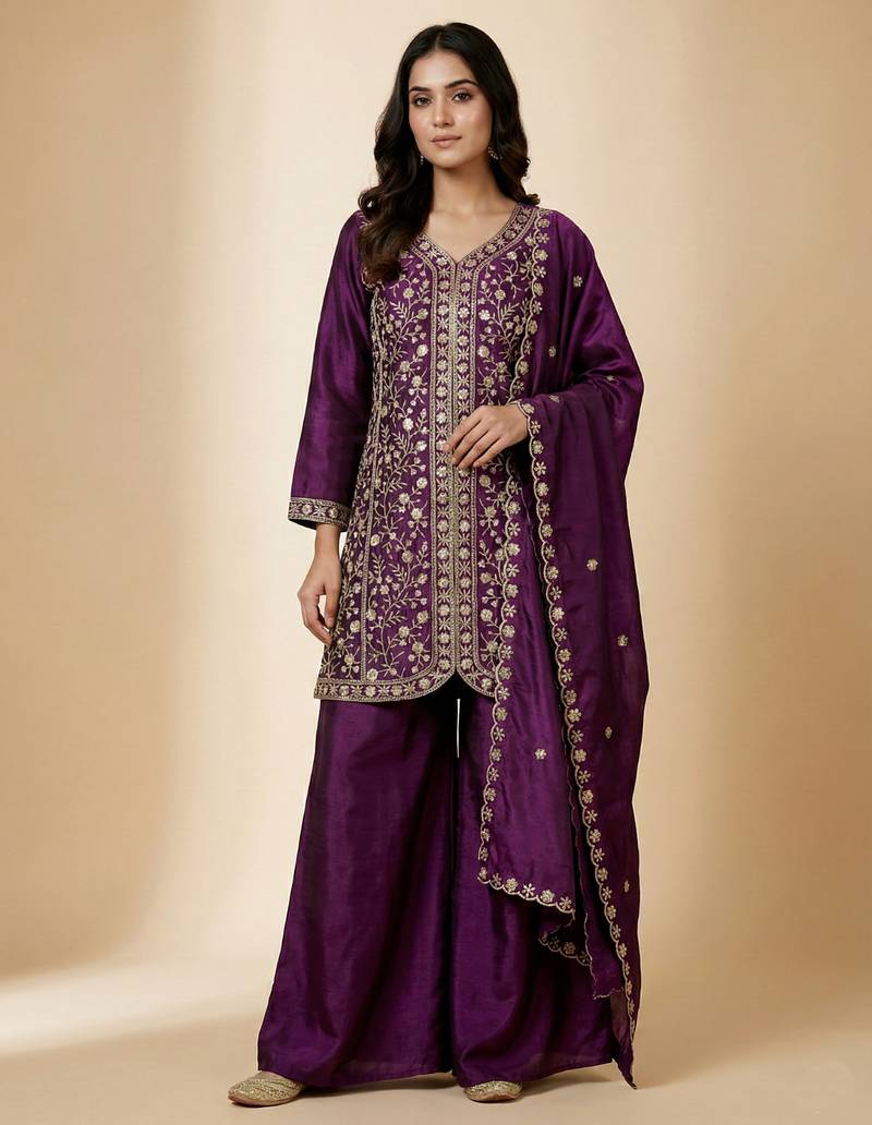 Purple designer chinon sequins embroidered work readymade suit
