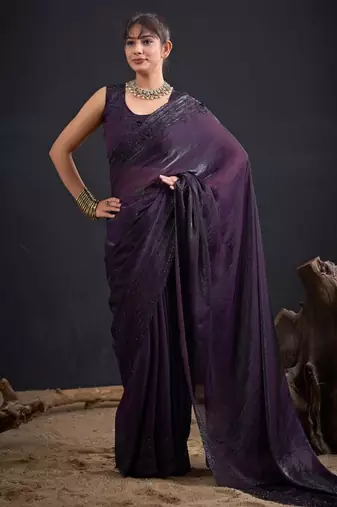 Purple satin embroidered saree