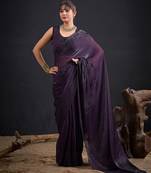 Purple satin embroidered saree