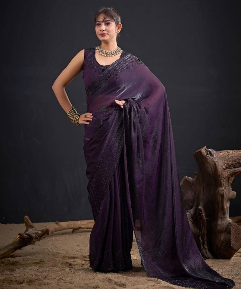 Purple satin embroidered saree