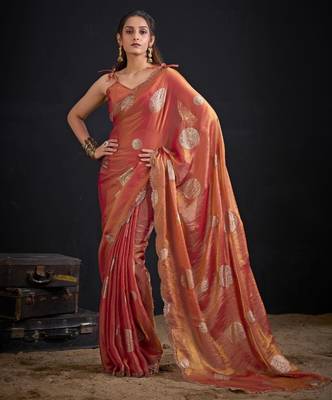 Orange silk blend embroidered saree 1