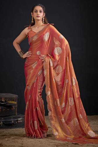 Orange silk blend embroidered saree