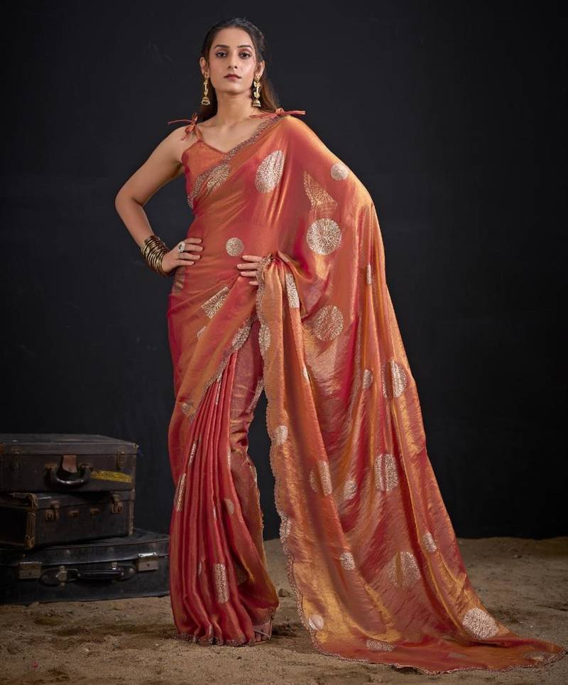 Orange silk blend embroidered saree