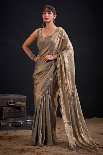 Grey silk blend embroidered saree