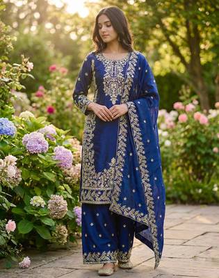 Blue designer pure gmy silk sequins embroidered work readymade suit 3