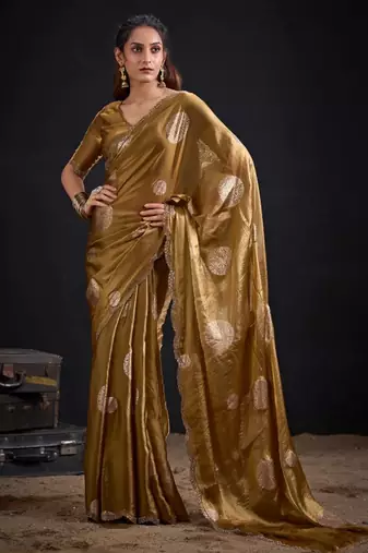 Golden silk blend embroidered saree