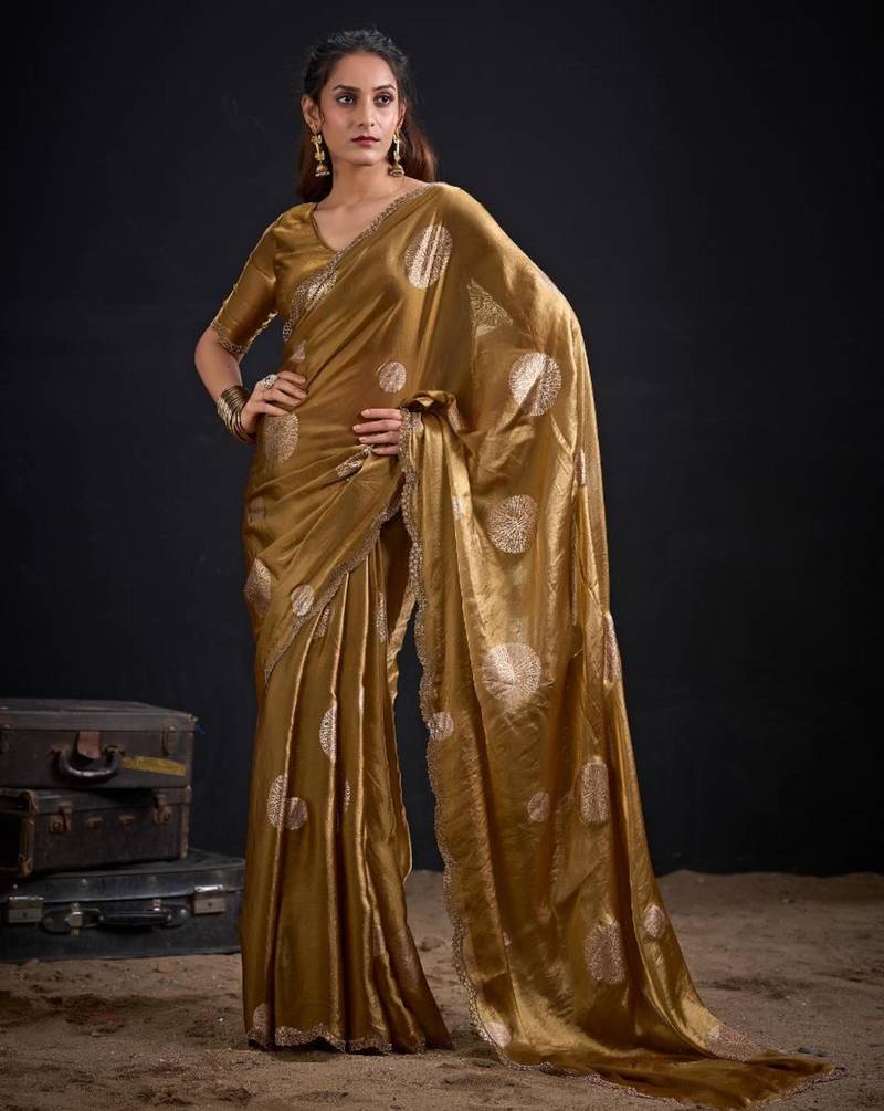 Golden silk blend embroidered saree