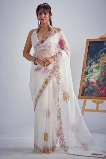 White organza printed saree