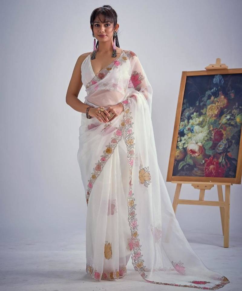 White organza printed saree