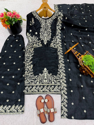 Black designer pure gmy silk sequins embroidered work readymade suit 4