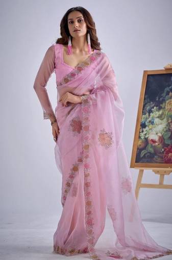 Pink organza printed saree