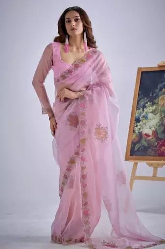 Pink organza printed saree