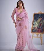 Pink organza printed saree