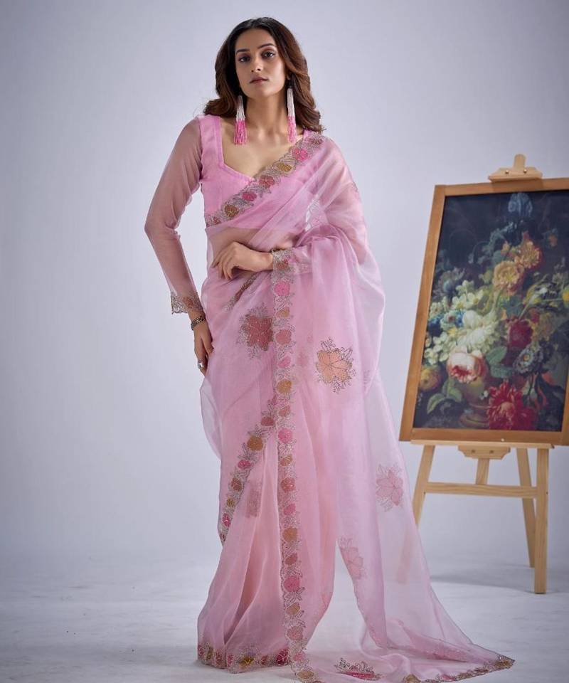Pink organza printed saree