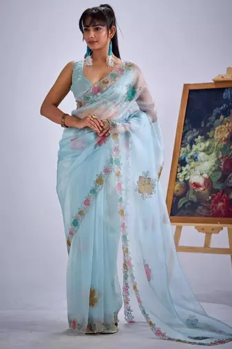 Sea green organza printed saree