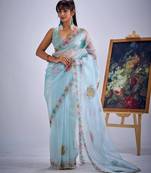 Sea green organza printed saree