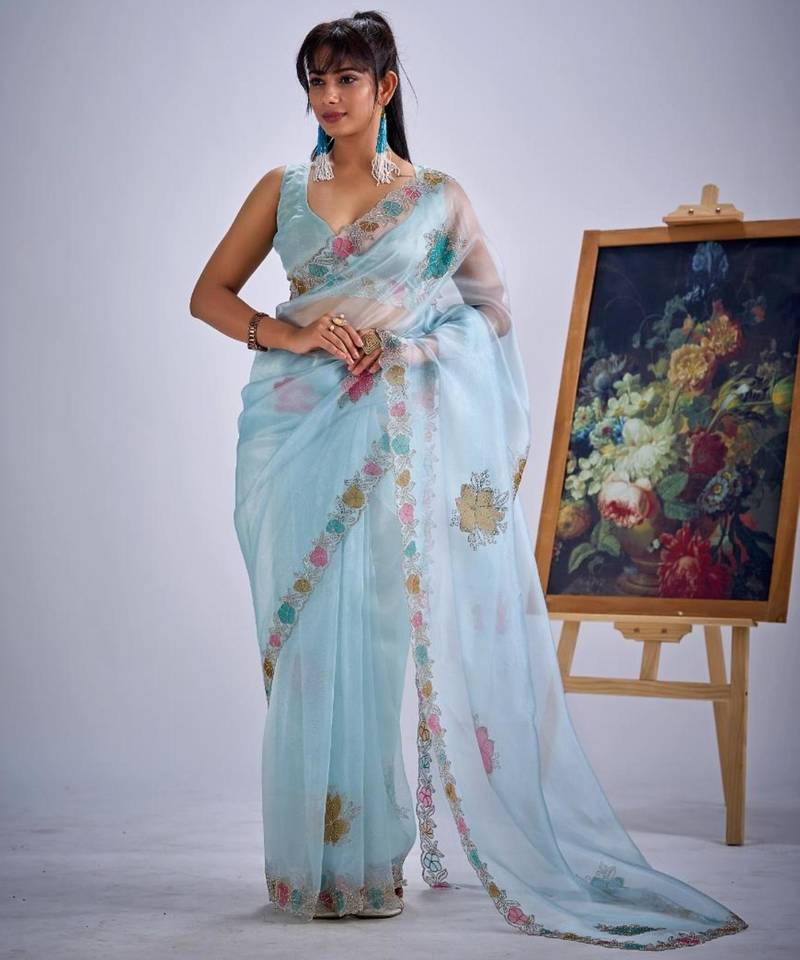 Sea green organza printed saree