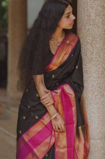 Black silk blend printed saree