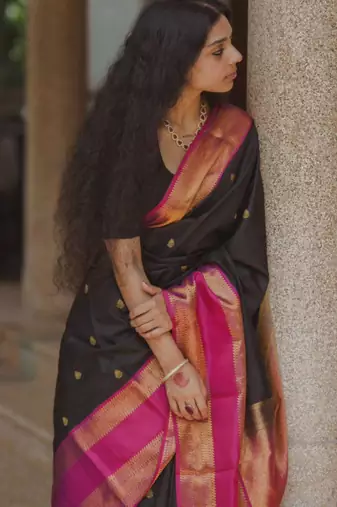 Black silk blend printed saree