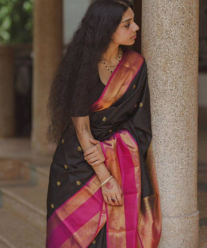Black silk blend printed saree