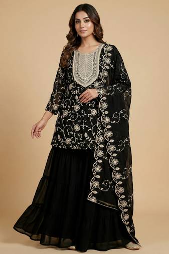 Black designer fox georgette embroidered work readymade suit