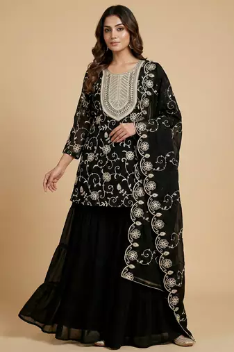Black designer fox georgette embroidered work readymade suit