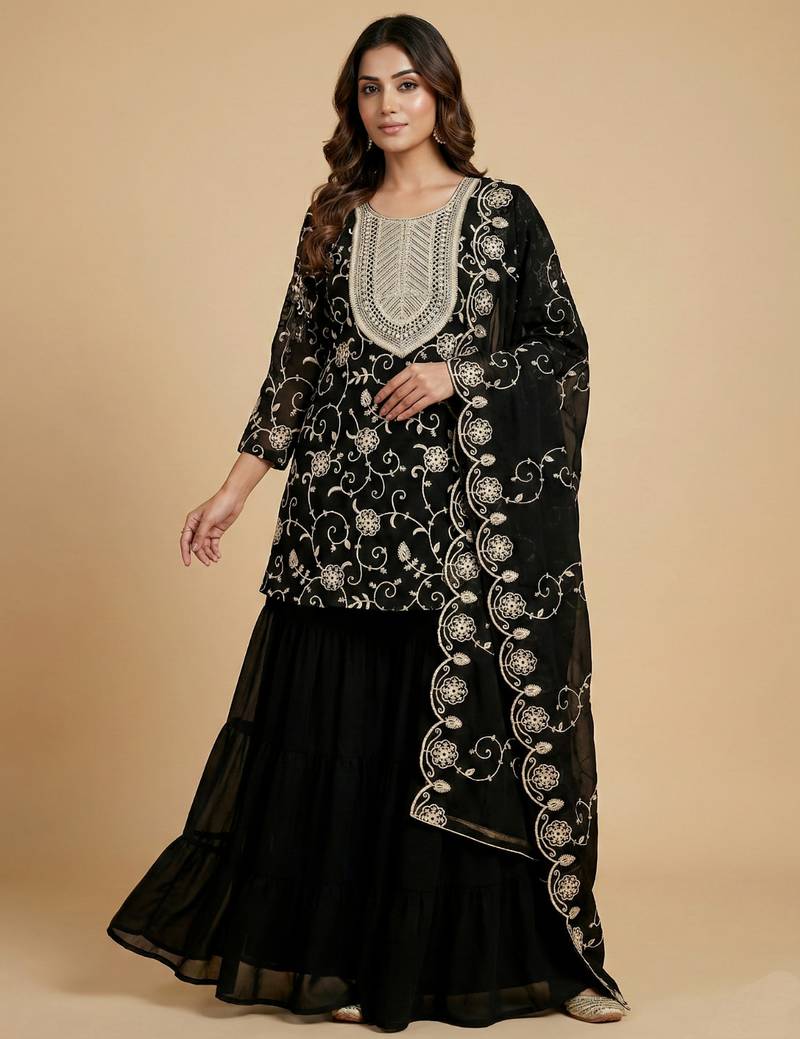 Black designer fox georgette embroidered work readymade suit