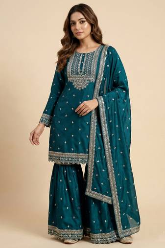 Teal designer chinon sequins embroidered work readymade suit