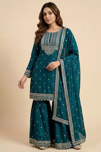 Teal designer chinon sequins embroidered work readymade suit