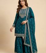Teal designer chinon sequins embroidered work readymade suit