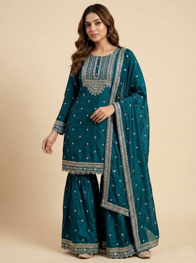 Teal designer chinon sequins embroidered work readymade suit