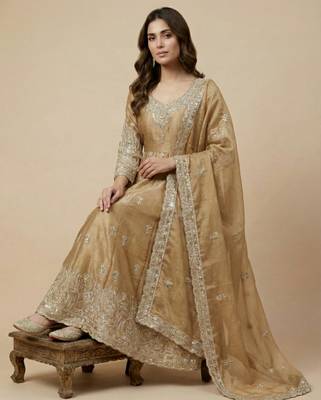 Beige designer pure jimmy choo silk sequins embroidered work readymade suit 2