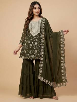 Mehendi green designer fox georgette embroidered work readymade suit 1