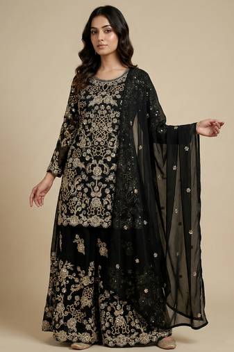 Black designer fox georgette sequins embroidered work readymade suit