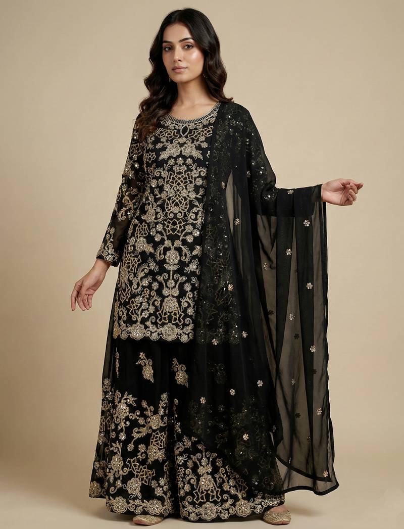 Black designer fox georgette sequins embroidered work readymade suit