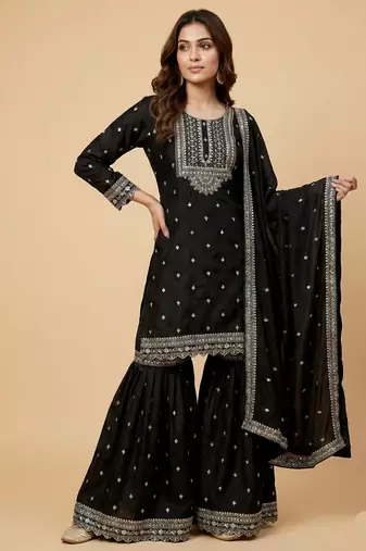 Black designer chinon sequins embroidered work readymade suit