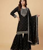 Black designer chinon sequins embroidered work readymade suit