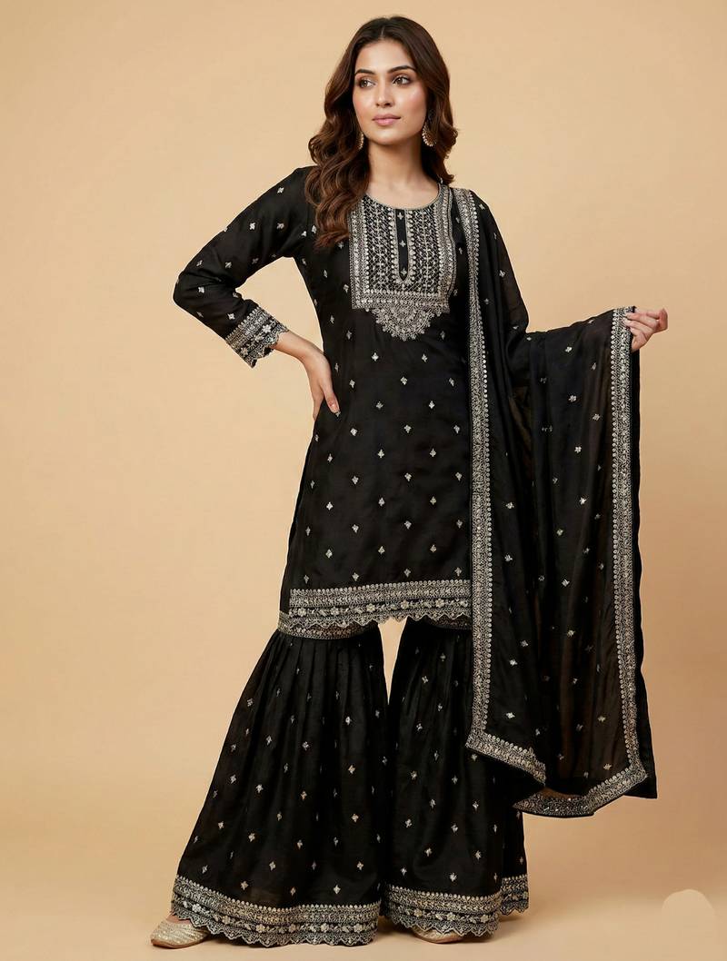 Black designer chinon sequins embroidered work readymade suit