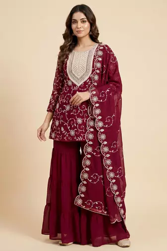 Pink designer fox georgette embroidered work readymade suit