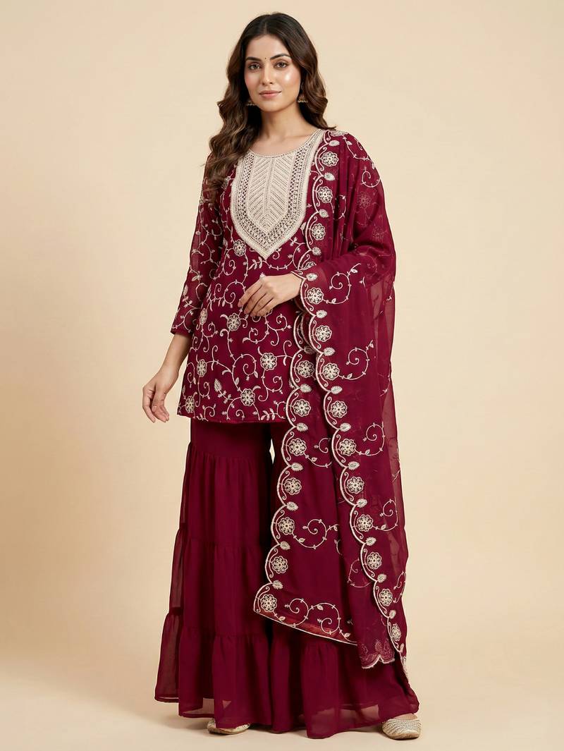 Pink designer fox georgette embroidered work readymade suit