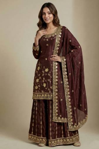 Brown designer chinon sequins embroidered work readymade suit
