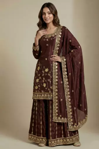 Brown designer chinon sequins embroidered work readymade suit