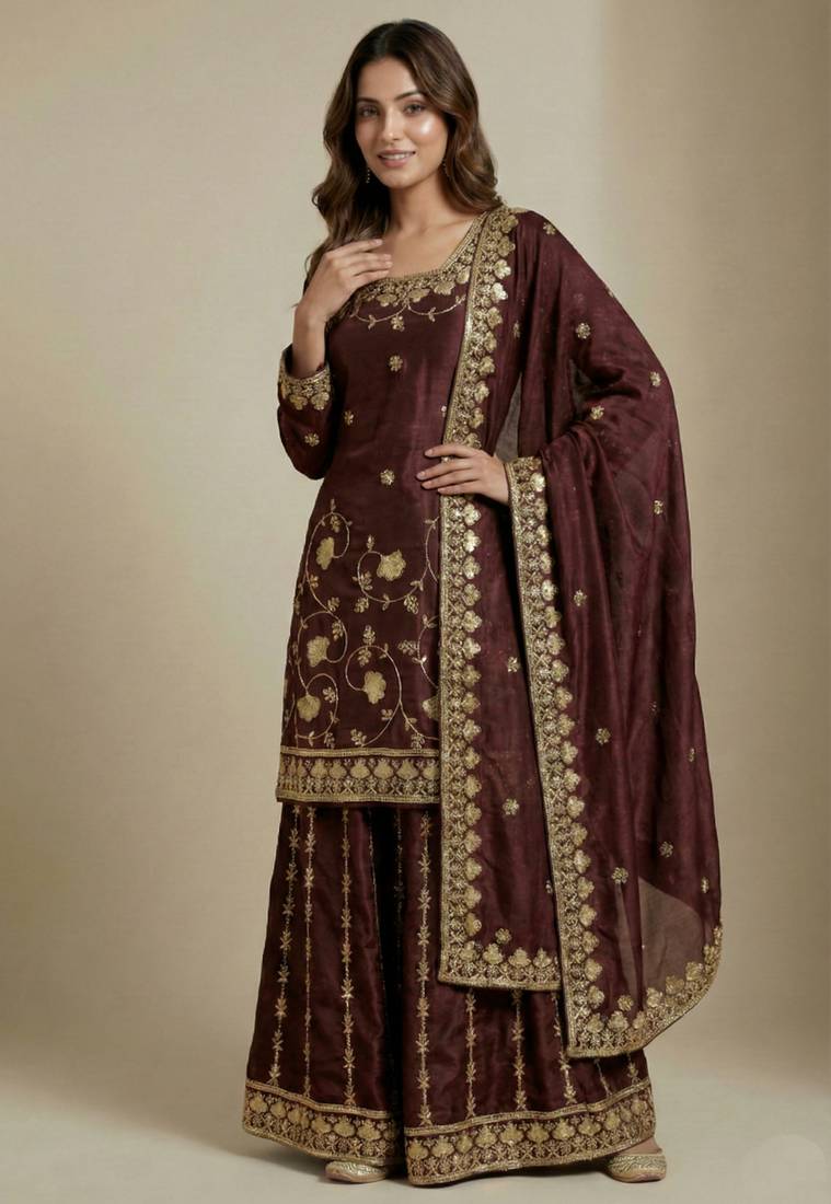 Brown designer chinon sequins embroidered work readymade suit
