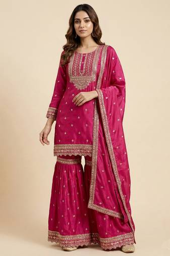 Pink designer chinon sequins embroidered work readymade suit