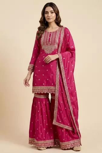 Pink designer chinon sequins embroidered work readymade suit