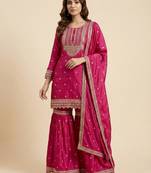 Pink designer chinon sequins embroidered work readymade suit