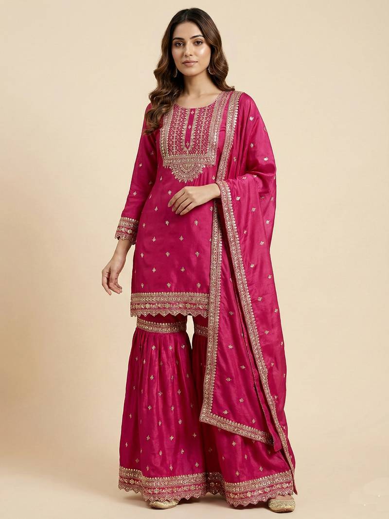 Pink designer chinon sequins embroidered work readymade suit